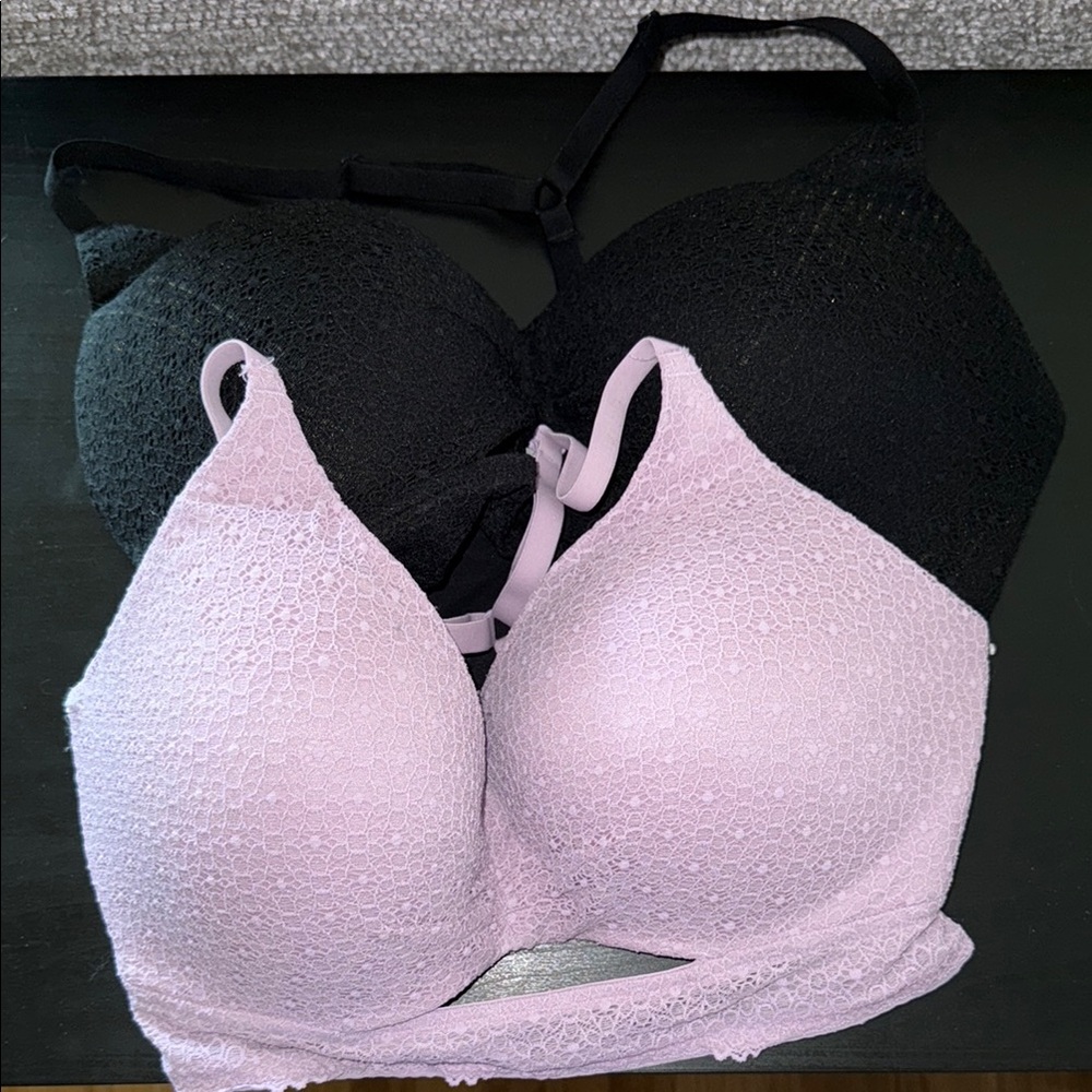 LOT OF 2 Body by Victoria's Secret Black and Lavender Lace Wireless Bra Set 34DD